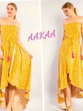 Aakaa Yellow Floral Strapless High-Low Maxi Dress